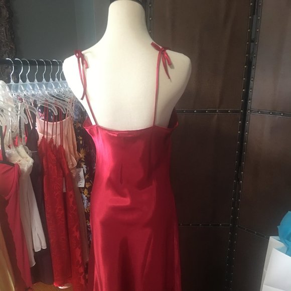 Red with White Lace Trim Charmeuse Chemise Nightie - Picture 7 of 7